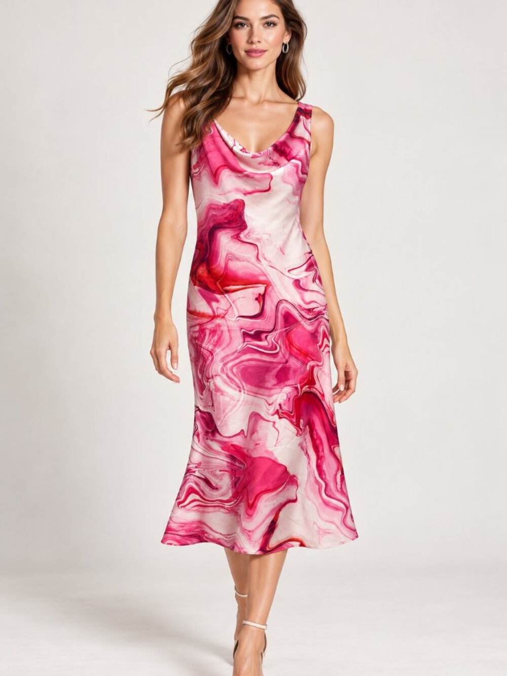 DKNY NWT Pink Marble Cowl Neck Sleeveless Midi Dress Size 2 $139
